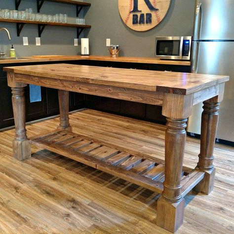 Open Shelf Island, Turned Leg Kitchen Island, Diy Kitchen Island With Seating Easy, Tall Kitchen Island, Equestrian House, Movable Island, Kitchen Island Legs, Antique Kitchen Island, Country Kitchen Island