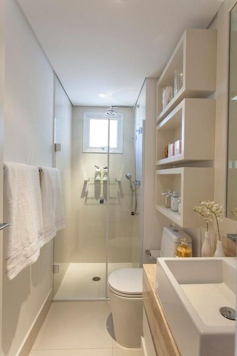 3 Musts And 27 Ideas To Get A Practical Bathroom - DigsDigs Small Narrow Bathroom, Long Narrow Bathroom, Narrow Bathroom Designs, Design Interior Baie, Narrow Bathroom, Decor Baie, Small Remodel, Bathroom Remodel Designs, Trendy Bathroom