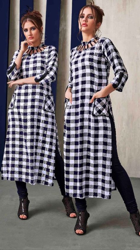 Checks cotton kurti with neck detailing. Checks Kurti Designs Latest, Print Frock Design, Checks Kurti Designs, Frock Design For Baby Girl, Indian Kurti Designs, Rayon Kurti, Designer Kurti Patterns, Kurti Patterns, Simple Kurti Designs