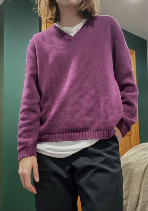 Purple Clothes Aesthetic Men, Purple Sweater Outfit Men, Dark Academia Outfit Men, Grandpa Sweater Outfit, Purple Academia, Purple Sweater Outfit, Dark Purple Hoodie, Sweater Outfits Men, Hoodie Outfit Men