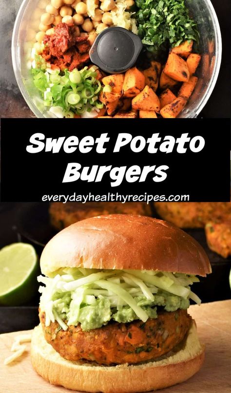 These sweet potato burgers are made using spiced, fried chunks of sweet potato so they have lots of delicious flavour as well as great texture. Vegan, gluten free and ready in under 30 minutes! #veganburger #vegetarianburger #sweetpotatoburger #veggieburger #everydayhealthyrecipes Veggie Burger Sweet Potato, Vegan Gluten Free Lunch Ideas, Potato Delight, Sweet Potato Chunks, Fried Sweet Potato, Sweet Potato Patties, Sweet Potato Burgers, Vegetable Burger, Veggie Patties