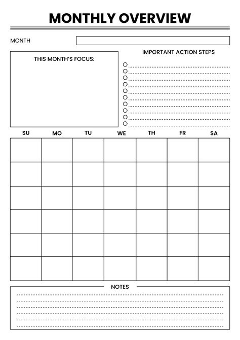 Monthly Overview (B/W) 2024freeprintables Monthly Planner Black And White, Templates Journal, Bullet Journal Templates, Aesthetic Digital Planner, Planner Monthly Layout, Free Planner Templates, Daily Schedules, Undated Monthly Planner, Monthly Overview