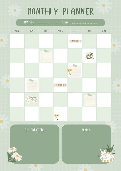 Soft Green and Beige Cottagecore Flower Monthly Planner 🤍cottagecore, monthly, planner, illustrated, cute, schedule, green, yellow, daisy, flower, floral 🤍 #canva #canvatemplate #freetemplate #canvafree Beige Cottagecore, Exam Planner, Cute Daily Planner, A4 Template, Daily Routine Planner, Study Planner Printable, Monthly Planner Template, Planner Minimalist, Routine Planner