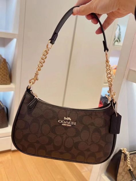 Coach Teri Shoulder Bag In Signature Canvas, Coach Brown Shoulder Bag, Brown Coach Shoulder Bag, Black Coach Shoulder Bag, Teri Shoulder Bag In Signature Canvas, Teri Coach Bags, Brown Coach Bag Outfit, Coach Shoulder Bag Outfit, Coach Bags Handbags