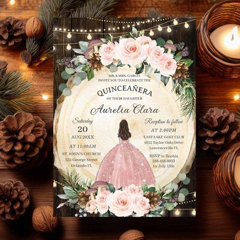 Enchanted Quinceanera Theme, Enchanted Forest Invitations, Enchanted Forest Invitation, Quince Green, Quinceañera Themes, Enchanted Forest Quince, Forest Quince, Quince Centerpieces, Enchanted Forest Quinceanera Theme