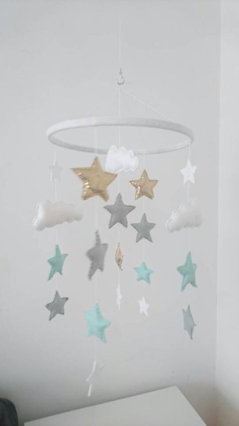 Stars And Clouds Nursery, Cloud Mobile Nursery, Stars Nursery, Mint Nursery, Baby Boy Bedroom, Clouds Nursery, Trendy Baby Nursery, Mobile Baby, Star Nursery