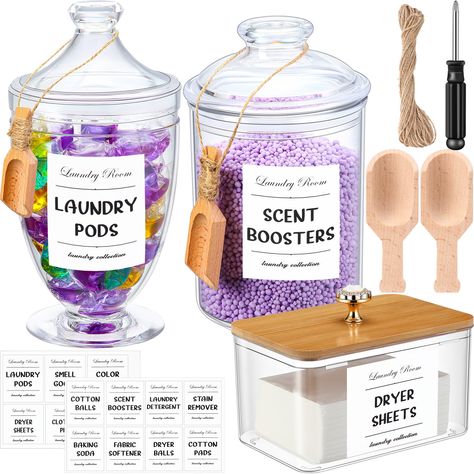 PRICES MAY VARY. Comprehensive Storage Set: our acrylic apothecary jars set includes 2 specially designed jars, 1 rectangular acrylic storage box, 2 wooden spoons, 1 sheet of 14 labels, a bamboo lid with a delicate handle, a hemp rope, and a screwdriver for easy assembly of the lid Nice Quality and Safe Material: our laundry jars with lids are made of smooth plastic material to achieve airtightness, durabilities, no odor and burrs, and the transparent design allows you to clearly see the items i Bath Salt Container, Laundry Jars, Dryer Sheet Holder, Bath Salt Containers, Salt Storage, Salt Container, Dryer Sheet, Container Dimensions, Bath Sponges