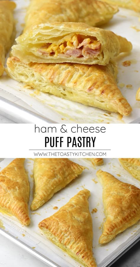 Ham and cheese puff pastry recipe by The Toasty Kitchen. Ham and cheese puff pastry makes a quick and easy homemade lunch, dinner, or snack. Puff pastry turnovers are filled with ham, cheese, and mustard - with a hint of garlic in the crust.  #hamandcheese #puffpastry #puffpastryturnover #leftoverham #thanksgiving #recipe Puff Pastry Turnovers, Ham And Cheese Puff Pastry, Pastry Turnovers, Ham Cheese Puff Pastry, Puff Pastry Recipes Dinner, Puff Pastry Recipes Savory, Puff Pastry Recipes Dessert, Pastry Appetizer, Cheese Puff