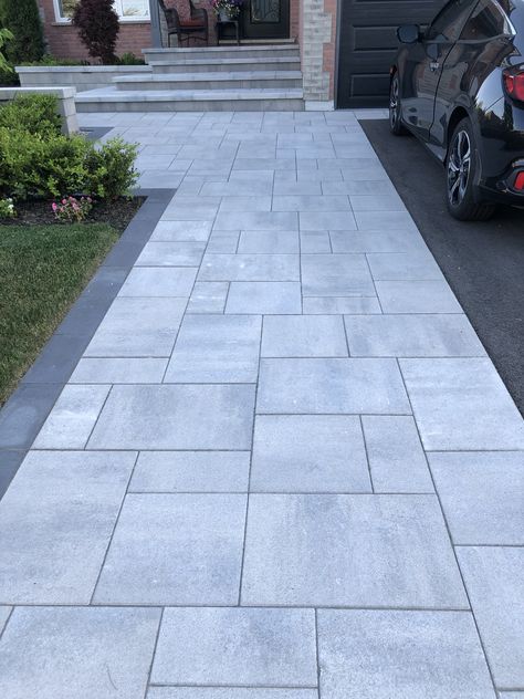 Front Yard Interlock Ideas, Driveway Ideas Pavers, Modern Interlocking Design, Big Rocks Landscaping, Front House Paving Ideas, Driveway Interlock Ideas, Front Garden Paving Ideas, Simple Driveway Ideas, Driveway To Patio Transition