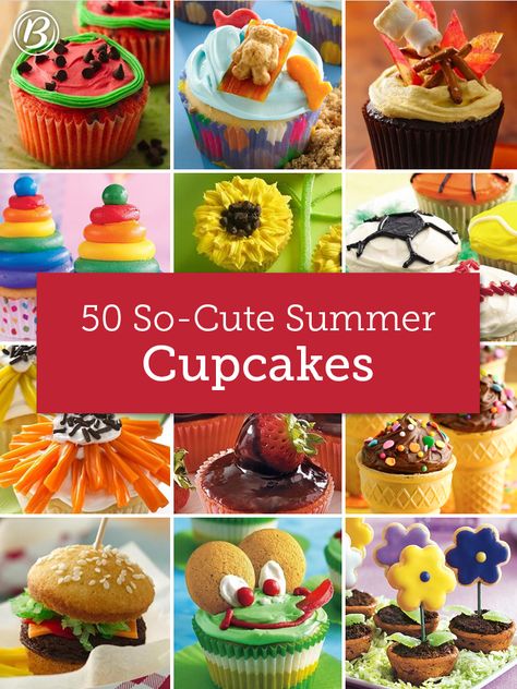 Whatever summer party theme, we've got a cupcake that'll fit in perfectly! From snow cones to s'mores, sunflowers to soccer balls, these adorable ideas are bound to be the talk of the party. Summer Themed Cupcakes, Whimsical Cupcakes, Summer Party Theme, Cupcakes Strawberry, Cupcakes Oreo, Cake Chorizo, School Cupcakes, Cupcakes Christmas, Georgetown Cupcakes