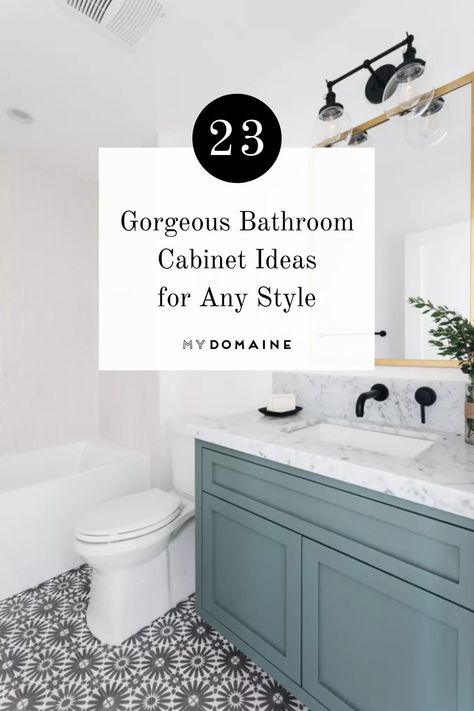 Painted Bath Cabinets, Small Bathroom Cabinet Colors, Bathroom Cabinetry Ideas, Bathroom Cabinet Colors 2023, Two Tone Bathroom Cabinets, Colored Vanity Bathroom, Bathroom Vanity Color Ideas, Painted Bathroom Cabinets, Restroom Cabinets