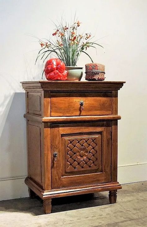 Reclaimed Teak Carved Bali Side Table | Gado Gado Bali Furniture, Indonesian Furniture, Working Table, Gado Gado, Bedside Table Design, Teak Side Table, Bali Style, Bali Fashion, Solid Wood Furniture