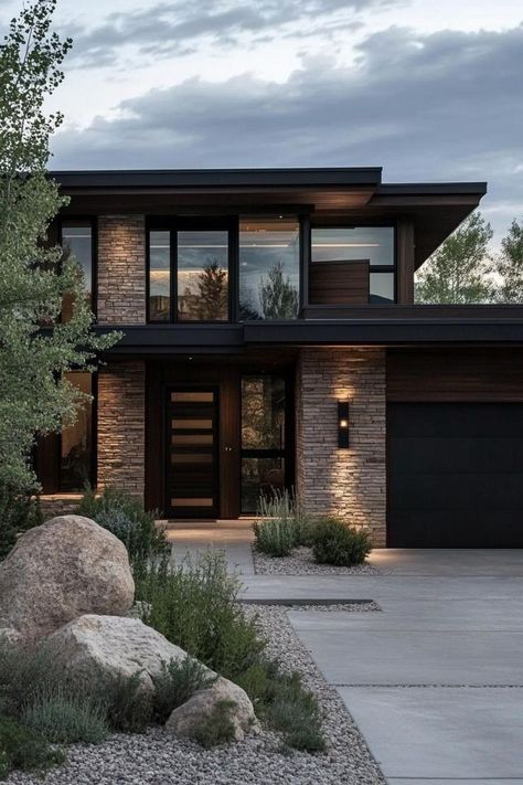 House Fronts Modern, Modern House Suburbs, Modern Home Aesthetic Exterior, Natural Modern House Exterior, Brick And Glass House, House Exterior Black And Wood, Modern House Dark Exterior, Old Style Modern Home, Black And Brown Modern House