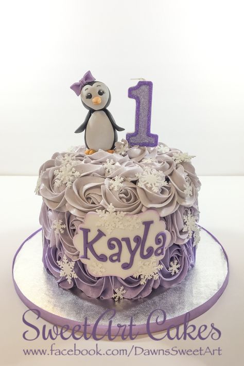 First birthday cake, penguin cake, snowflake cake, purple ombré cake, rosette cake Purple Snowflake Cake, Cake Penguin, Penguin Birthday Cake, Winter Onederland Party Girl, Winter Onederland Cake, Ombré Cake, First Birthday Winter, Penguin Cake, Cake Purple