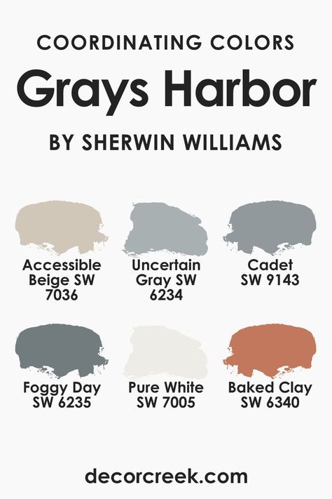 Grays Harbor SW 6236 Coordinating Colors by Sherwin-Williams Grey Harbor Sherwin Williams, Grays Harbor Sherwin Williams Cabinets, Sw Grays Harbor, Uncertain Gray, Accessible Beige Sw, Accessible Beige Sherwin Williams, Colours That Go With Grey, Grays Harbor, Zyla Colors