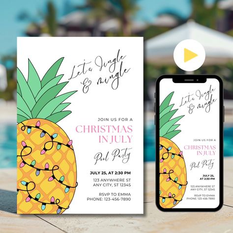 Tropical Christmas in July invitations 🍍🎄 Ready, set, swim! Summer Christmas is almost here 😎 This bright yellow pineapple Christmas in July invitation set is sure to wow your guests. The tropical Christmas party pool party invite templates are fully editable. Change the wording to match your own taste and event! #christmasinjuly #julychristmas #summerchristmas #christmaspoolparty #christmasbeach #christmaspartyideas #tropicalchristmas #summersanta #pineappleinvitation #christmasparty Tropical Christmas Party, Pool Party Invite, Pineapple Christmas, July Design, Yellow Pineapple, Summer Christmas, Tropical Christmas, Summer Pool Party, Christmas Invitations