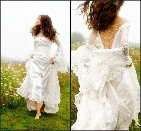 Wedding Dress Vintage Lace, Celtic Wedding Dress, Bell Sleeve Wedding Dress, Medieval Wedding Dress, Backless Bridal Gowns, Retro Bride, Wedding Dress Vintage, Bridal Gowns Vintage, Floor Length Wedding Dress