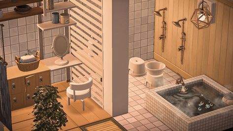 Animal Crossing Washroom, Acne House Ideas, Acnh Washroom Ideas, Acnh Bathroom Ideas White, Acnh Room Design Basement, Japanese Bathroom Acnh, Anch Room Designs, Acnh Bathroom Wall Design Codes, Animal Crossing Front Room Ideas