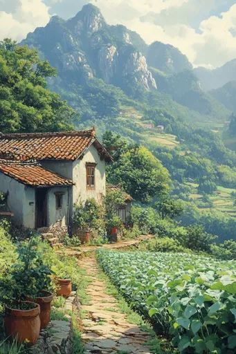 ↑↑↑ Larger size on website 🔸 A quaint, whitewashed cottage sits nestled amidst lush greenery on a hillside. The roof is a warm br Cottage On A Hill, Hillside Cottage, Rural Cottage, Hillside House, Leafy Vegetables, Stone Path, Minecraft Ideas, Rural Life, A Hill