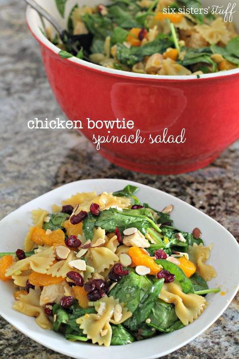 Bow Tie Pasta Salad, Bowtie Pasta Salad, Bow Tie Pasta, Spinach Salad Recipes, Six Sisters Stuff, Six Sisters, Bacon Salad, Bowtie Pasta, Pasta Casserole