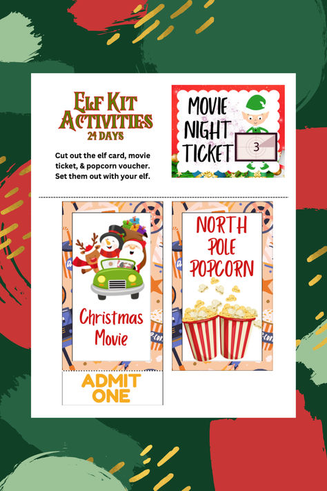 Plan a cozy family night with these adorable movie night tickets and popcorn vouchers! Your elf sets the scene for holiday fun with this simple and delightful printable activity. Printable Christmas Cards For Kids, Christmas Cards For Kids, Movie Night Tickets, Kids Movie, Elf Kit, Christmas Cards Kids, Movie Tickets, Printable Christmas Cards, Kid Movies