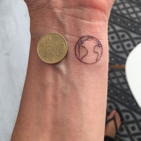 Tiny Earth Tattoo, Earth Tattoo Minimalist, Earth Tattoo Ideas Nature, Small Earth Tattoo, Earth Tattoo Ideas, Coin Tattoo, Earth Tattoos, Wrist Henna, Earthy Tattoos