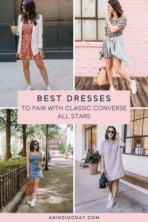 How to style your favorite dresses with classic Converse All Stars. Spring and summer outfit ideas for women. High Tops And Dress, Summer Dress With Converse, Converse Outfit Summer Dress, Sundress And Sneakers Outfit Ideas, Dress With Chuck Taylors, White Converse Dress Outfit, White Converse With Dress, White All Star Converse Outfit, All Stars Converse Outfit