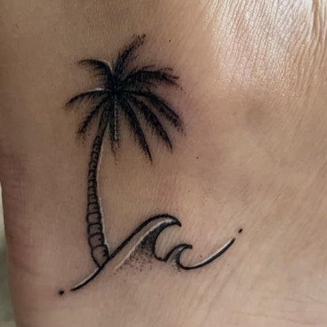 Palm Tree And Waves Tattoo, Palm Tree Ocean Tattoo, Beach Foot Tattoo, Fijian Tattoo, Tropical Tattoos, Wave Tattoos, Beachy Tattoos, Wave Tattoo Design, Hawaii Tattoos