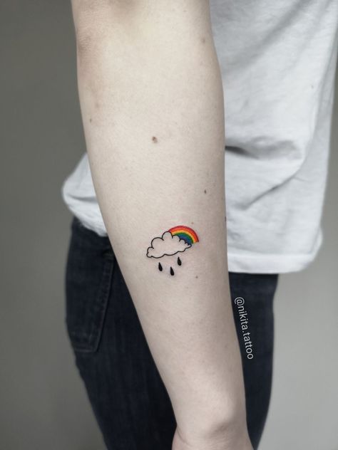 Cute Rainbow Tattoo Ideas, Rainbow With Clouds Tattoo, Rainbow Clouds Tattoo, Cloud Rainbow Tattoo, Rainbow And Cloud Tattoo, Mini Rainbow Tattoo, Little Rainbow Tattoo, Black And White Rainbow Tattoo, Minimalist Cloud Tattoo