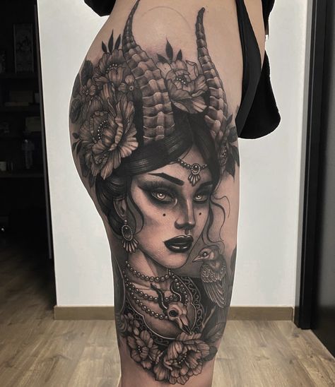 Gothic Goddess Tattoo, Gothic Lady Tattoo, Witch Portrait Tattoo, Devil Back Tattoo, Romani Woman Tattoo, Dark Feminine Tattoos Half Sleeves, Girl Face Tattoo Design, Devil Woman Tattoo, Hecate Goddess Tattoo