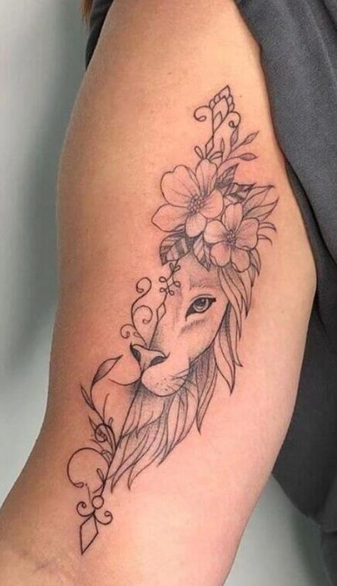 Lion Tattoo With Flowers, Swedish Tattoo, Lioness Tattoo Design, Leo Tattoo Designs, Line Tattoo Ideas, Lioness Tattoo, Tattoos To Cover Scars, Ribbon Tattoos, Leo Tattoos