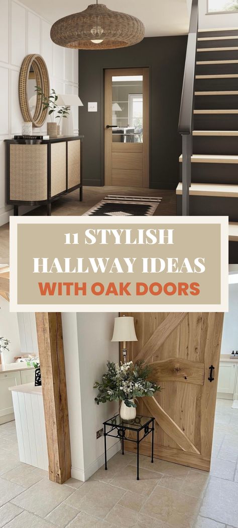 11 stylish hallway ideas with oak doors, one image shows a black and white hallway space with rattan pendant light and oak doors and the second with a farmhouse style oak wooden door on a black sliding track. Hallway Oak Doors, Oak Hallway Ideas, Oak Floor Color Scheme, Brown Hallway Ideas, Painted Interior Doors Colour Schemes, Interior Oak Doors, Hallway Colour Ideas, Hallway Styling, Oak Hallway