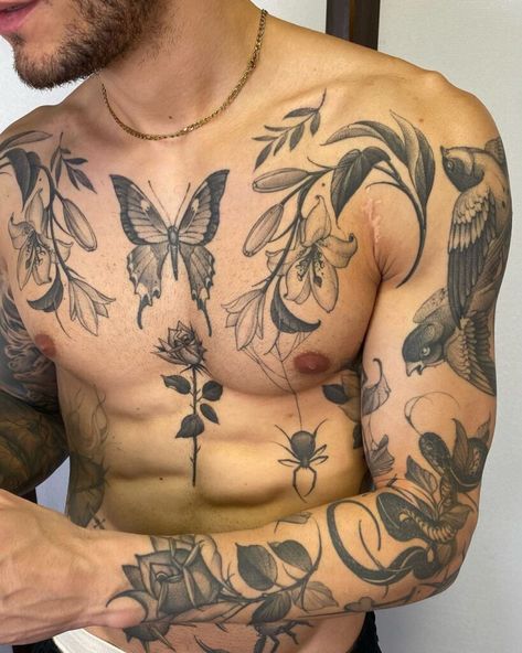 22 Chest Tattoos For Men That Are Cool & Empowering Nature Realism Tattoo, Mens Chest Tattoo, Upper Chest Tattoo, Mandala Chest Tattoo, Owl Tattoo Chest, Collar Bone Tattoo For Men, Chest Tattoos For Men, Tattoo Placement Arm, Mens Body Tattoos