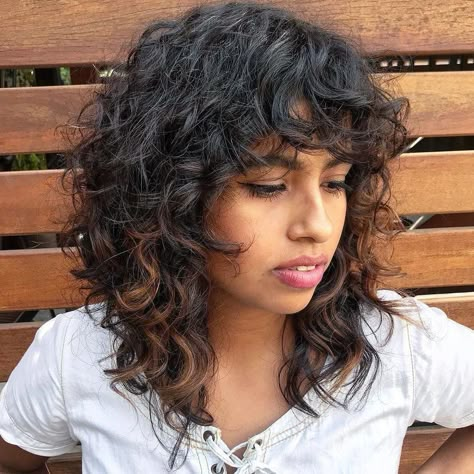 Medium Shaggy Cut for Natural Curly Hair #curlybangs Shaggy Cut, Curly Shag Haircut, Medium Shag Haircuts, Layered Curly Hair, Medium Curly, Medium Curly Hair Styles, Shag Hairstyles, Haircuts For Curly Hair, Curly Hair With Bangs