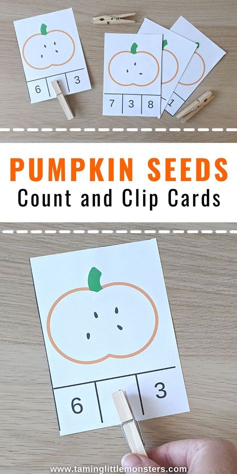 Pumpkin Seeds Count and Clip Cards for Kids (Free Printable).. A great math activity for preschoolers and kindergarteners. Learn counting, number recognitions, fine motor skills and more with this free digital download. Perfect for Fall / Autumn themed lesson plans. #math #fall #autumn #freeprintable #preschool #kindergarten Fall Stem Activities, Free Printables For Kids, Halloween Lesson, Kids Going To School, Halloween Sensory, Free Printable Crafts, Math Activities For Kids, Fun Math Activities, Halloween Math