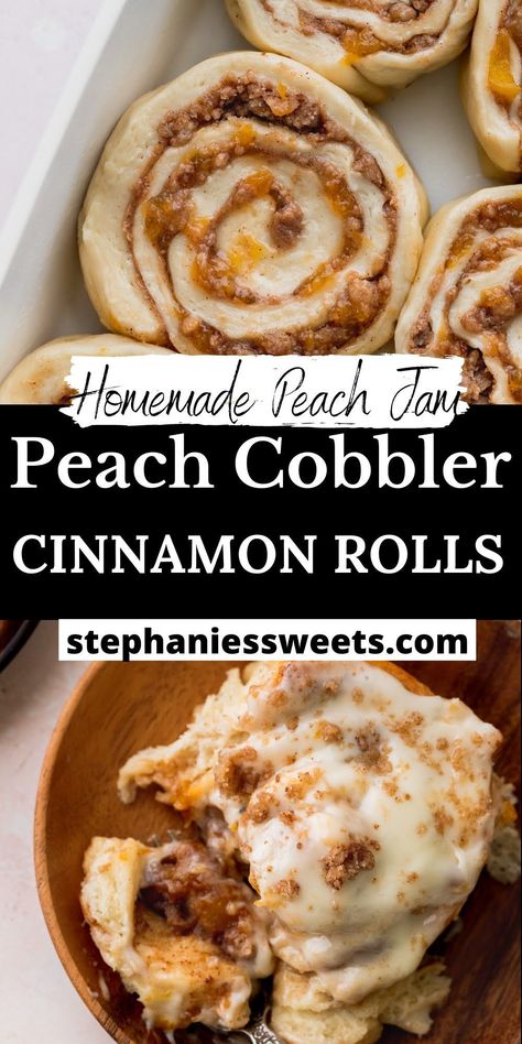 The Best Easy Desserts, Peach Cobbler Cinnamon Rolls, Gooey Cinnamon Rolls, Breakfast Cakes, Breakfast Cooking, Cinnamon Filling, Rolls Homemade, Breakfast Pastry, Cinnamon Roll Recipe Homemade