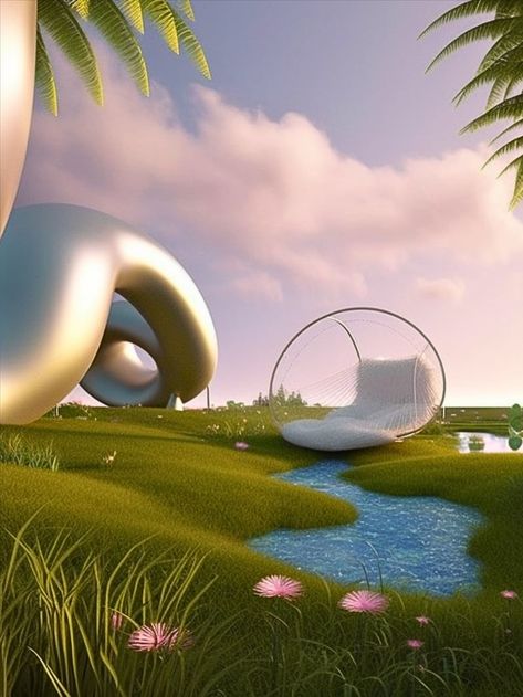 Whimsical Shores: A Futuristic Beachscape of Nature-Inspired Delights Futuristic Plants, Futuristic Nature, Futuristic Garden, Dreamscape Architecture, Futuristic Aesthetic, Conceptual Architecture, Space Artwork, 3d Landscape, Black Background Images