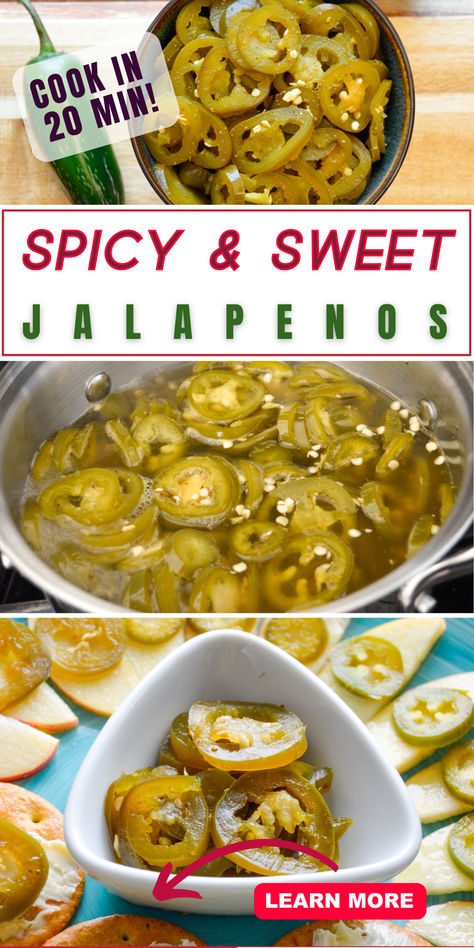 3 photos of "spicy & sweet jalapenos, cook in 20 mins." Top photo of quick pickled jalapenos in bowl with raw green jalapeno on the side, lower photo of them being cooked in a silver sauté pan, bottom photo of a few jalapeno slices in white triangle ramekin surrounded by apple and crackers with pickled jalapenos on top. Refrigerator Pickled Jalapenos, Recipes Using Jalapenos, Quick Pickled Jalapenos, Crackers Appetizers, Savory Snack Recipes, Pickled Jalapenos, Canned Jalapenos, Quick Pickled, Refrigerator Pickles