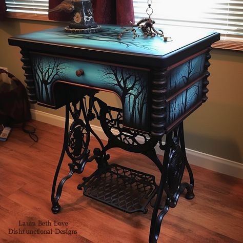 Goth Furniture Diy, Gothic Furniture Diy, Furniture Remake, Graffiti Furniture, Furniture Makeover Inspiration, Upcycled Garden, Whimsical Painted Furniture, Sewing Machine Table, Fantasy Furniture