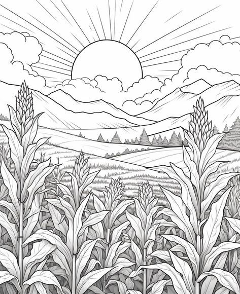 Premium AI Image | A drawing of a corn field with a sun in the background generative ai Field Of Flowers Coloring Page, Corn Field Tattoo, Drawing A Sun, Cornfield Drawing, Sunflower Field Drawing, Corn Field Painting, Corn Field Drawing, Sun Drawing Design, Fields Drawing