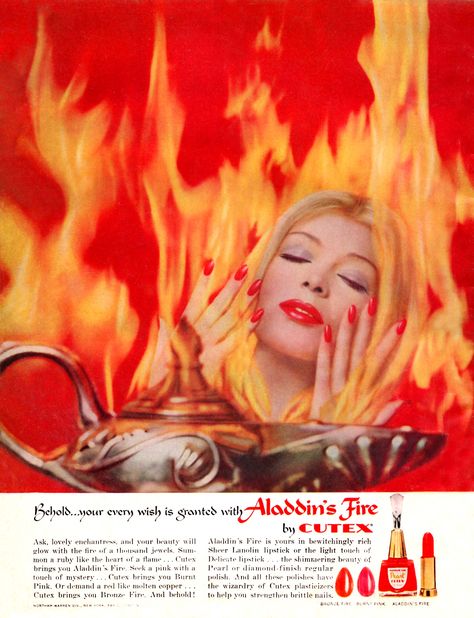 1961 CUTEX "Aladdin's Fire" lipstick & nail polish ad Makeup Advertisement, Lipstick Ad, Vintage Makeup Ads, Beauty Advertising, Makeup Ads, Vintage Nails, Retro Beauty, Salon Art, Beauty Ad