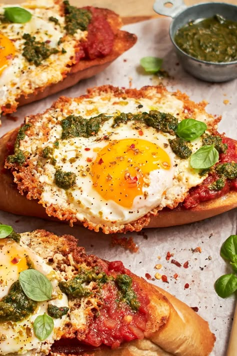 Combining a few favorite brunch dishes to create shakshouka toast with feta fried eggs, drizzled with pesto and red chili flakes. #breakfastideas #easybreakfast #easyrecipe #vegetarianmeals #eggs #toast #sandwichrecipe Healthy Food Prep Ideas, Food Prep Ideas, Healthy Food Prep, Eggs Toast, Brunch Dishes, Red Chili Flakes, Breakfast Toast, Fried Eggs, A Balanced Diet