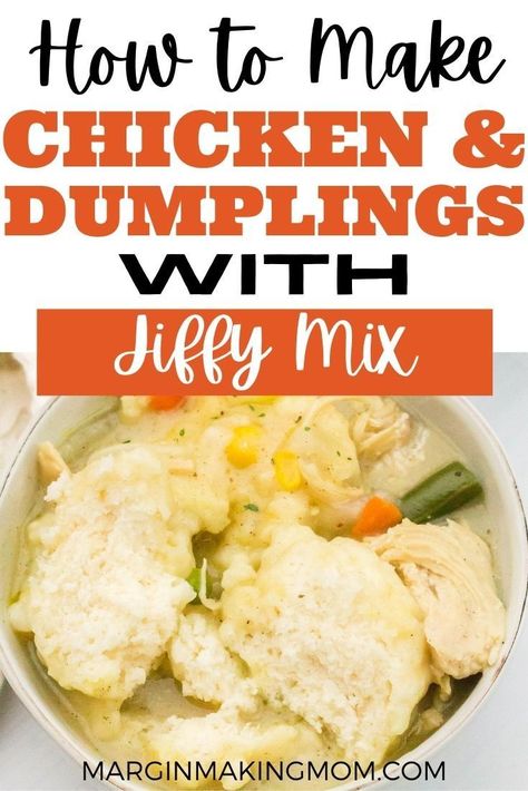 Did you know you can make chicken and dumplings using a box of Jiffy baking mix? It's a super simple shortcut for your busy weeknight, getting dinner on the table fast. Jiffy Chicken And Dumplings, Jiffy Dumplings, Dumplings Recipe Chicken, Perogie Casserole, Chicken And Dumplings Southern, Easy Chicken Dumpling Recipes, Easy Dumplings Recipe, Jiffy Mix Recipes, Dumplings Recipes