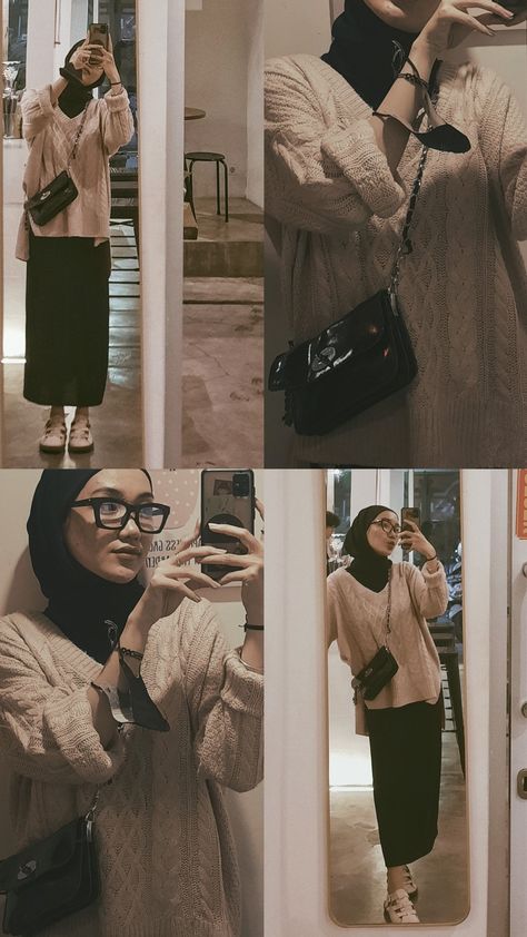 #skirt #sweater #rajut #innerpashmina #sligbag #docmart #rok #span #cafe #coffeeshop #mirror #outfit #ootd #hitam #black #outfitcheck Outfit Rok Hitam, Ootd Sweater Rajut Hijab, Black Skirt Outfit Hijab, Outfit Cardigan Hijab, Outfit Rajut, Skirt Outfits Hijab, Cardigan Hijab, Outfit Rok, Ootd Sweater