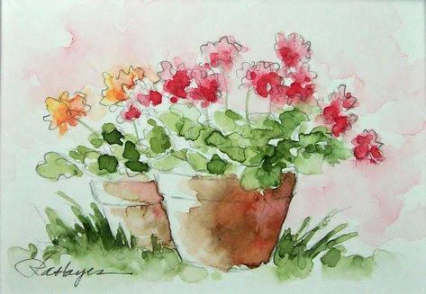 Potted Geraniums, Learn Watercolor Painting, Painting Styles, Tree Drawings Pencil, Terracotta Flower Pots, Learn Watercolor, Giclee Painting, Watercolor Flower Art, Plant Painting