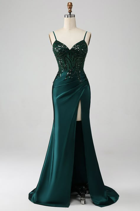 Green Prom Dress Mermaid, Dark Green Prom Dress, Corset Prom Dress, Prom Dress Mermaid, Prom Dress Inspo, Green Prom, Green Mermaid, Mermaid Sequin, Corset Dress Prom