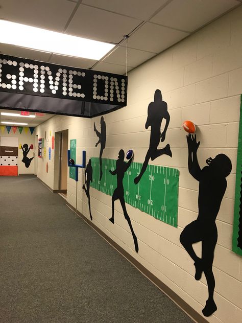 Men Classroom Theme, Pe Room Ideas, Sport Themed Classroom Ideas, Hoco Hallways Themes, Sports Themed Classroom Door Designs, Sports Themed Hallway Decorations, Sports Classroom Transformation, Sports Themed School Hallway, Athletic Bulletin Boards High Schools