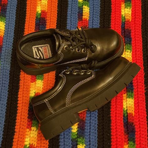 Look what I just found on Depop 🙌 https://depop.app.link/mWCJQd2iIxb Platform Sketchers, Vintage 90s Style, Oxford Platform, Black Oxfords, 90s Style, Stitching Leather, Doc Martens, 90s Fashion, Me Too Shoes