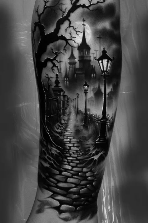 Tattoo idea: tattoo sketch A cobblestone alley in an old city glows 1 Clock Tower Tattoo Design, Underworld Tattoo Ideas, Cemetery Tattoo Ideas, Cemetary Tattoo Graveyards, Black And Gray Realism Tattoos, Medieval Castle Tattoo, Dark Creepy Tattoos, Haunted Castle Tattoo, Voodoo Tattoo New Orleans