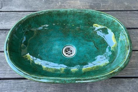 UM48 Oval Green Sink, Overtop Washbasin, Unusual Washstand - Etsy UK Green Sink, Round Sink, Downstairs Loo, Green Oval, Shades Of Teal, Ceramic Sink, Green Ceramics, Vessel Sink, Tiny Living